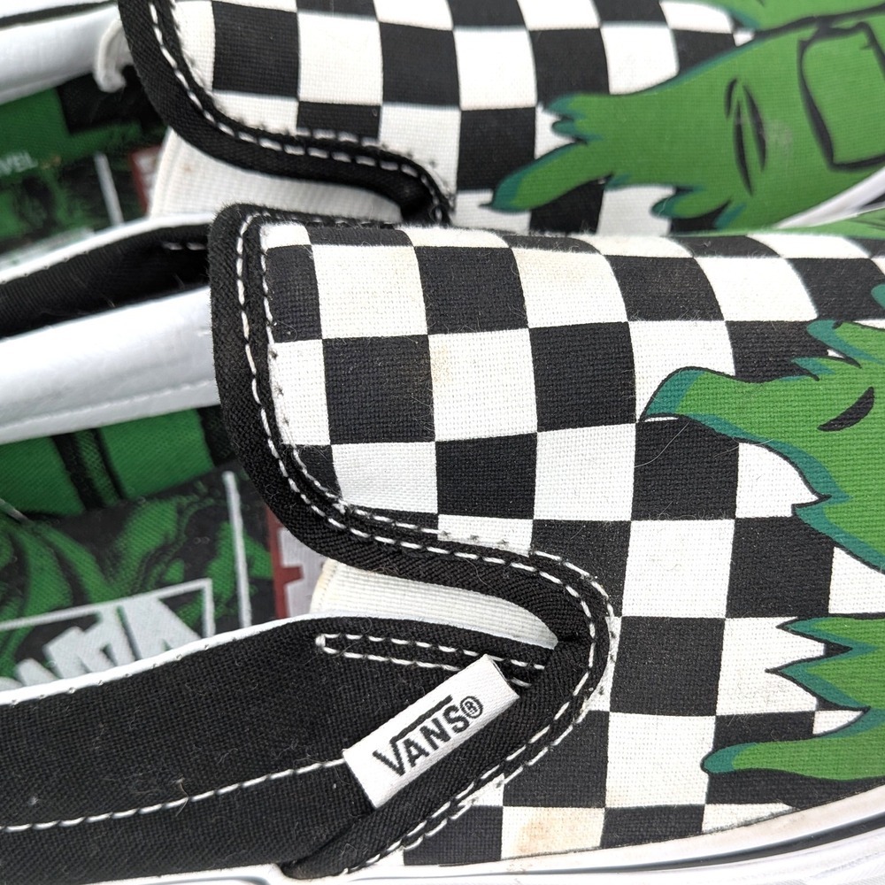 Vans Slip-On Sneakers Black White Green Checkerboard Graphic - Picture 4 of 10